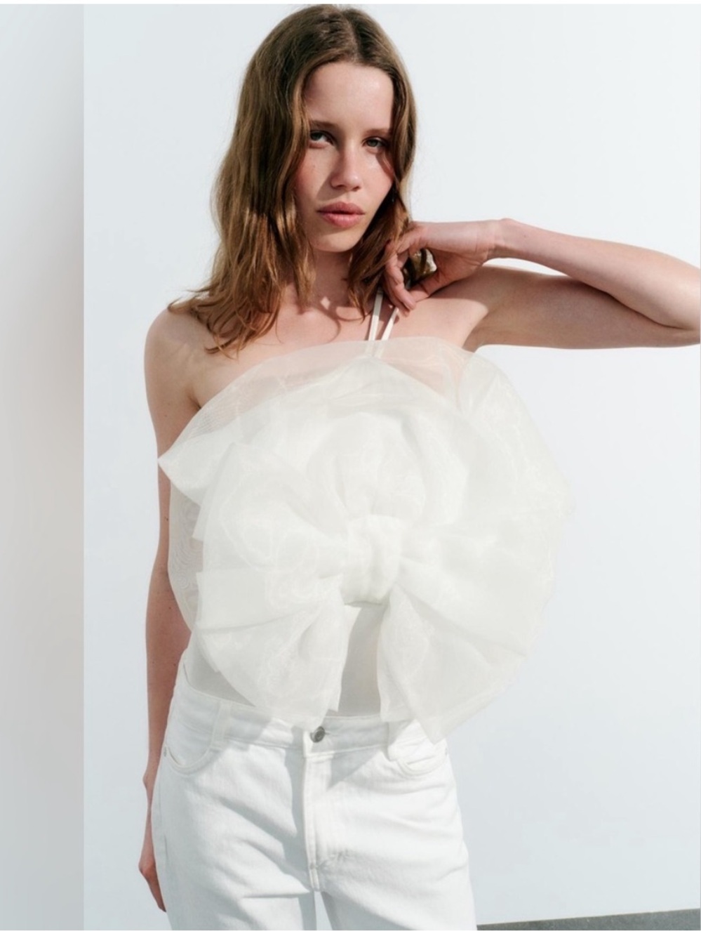 Zara White Tulle Bow Spaghetti Strap Asymmetrical Bodysuit Top